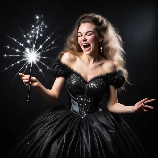 Prompt: evile woman in a black fluffy poofy and slightly sparkely ball gown casting a spell with her magic wand. she is laughuing eviley