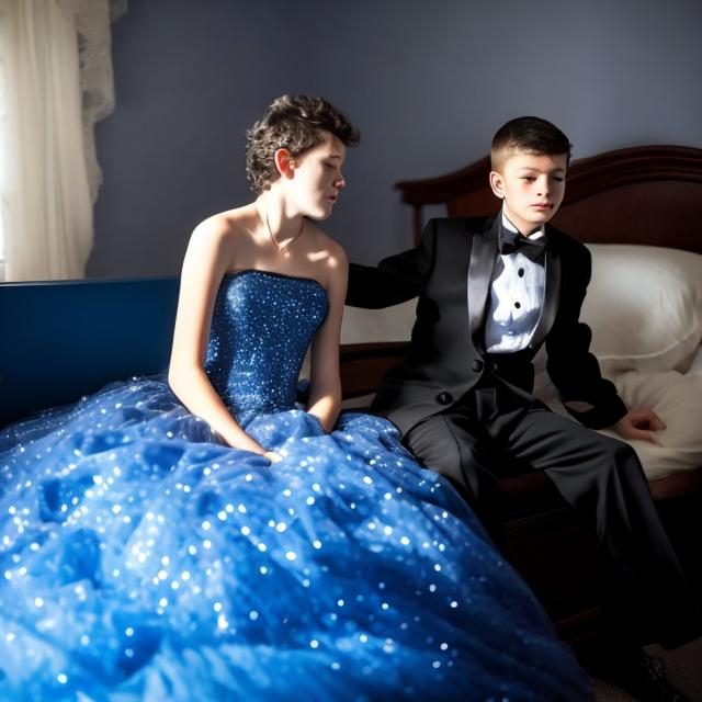 Prompt: 14 year old boy in a tuxedo sleeping with a 14 year old girl in a big blue puffy sparkly ball gown 