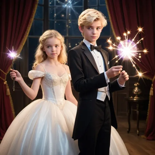 Prompt: Blonde 14 year old girl in a poofy ball gown holding her magic wand and a blond 14 year old boy in a tuxedo holding his magic wand. The boys face lights up as he’s waveing his wand and casting a spell