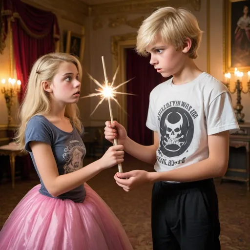 Prompt: Blond 15 year old girl in a poofy ball gown in a ball room holding her magic wand at a 14 year old boy in a t shirt in a threatening manner. The boy is scared