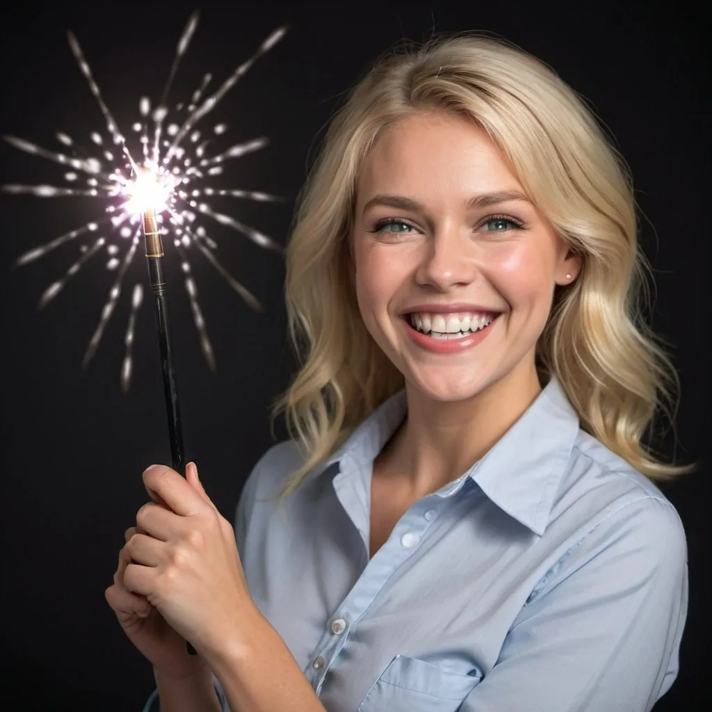Prompt: Beautiful blond woman in a collared shirt with a big smile on her face as she holds and waves her magic wand