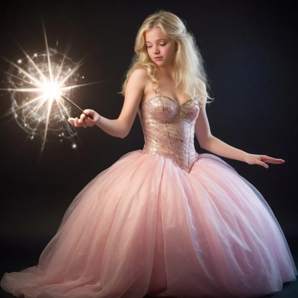 Prompt: Blond teenage girl in a extremely poofy ball gown casting a spell with her magic wand