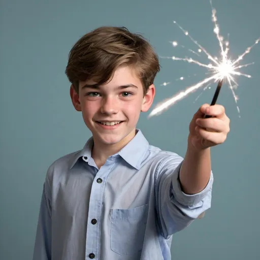 Prompt: 15 year old boy in a collared bouton down shirt waving his magic wand