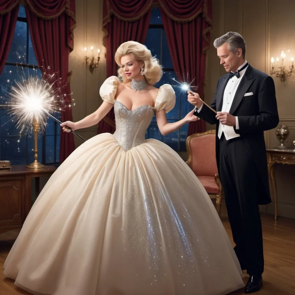 Prompt: Blond woman in an extremely poofy ball gown that is sparkly using her magic wand. Her husband in his tuxedo is using his magic wand. There son in his collared shirt with his popped collar is also using his magic wand