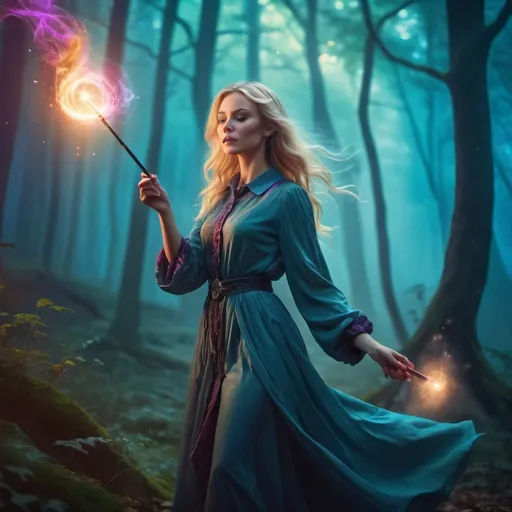 Prompt: Blond woman in a collared useing her magic wand to cast a spell