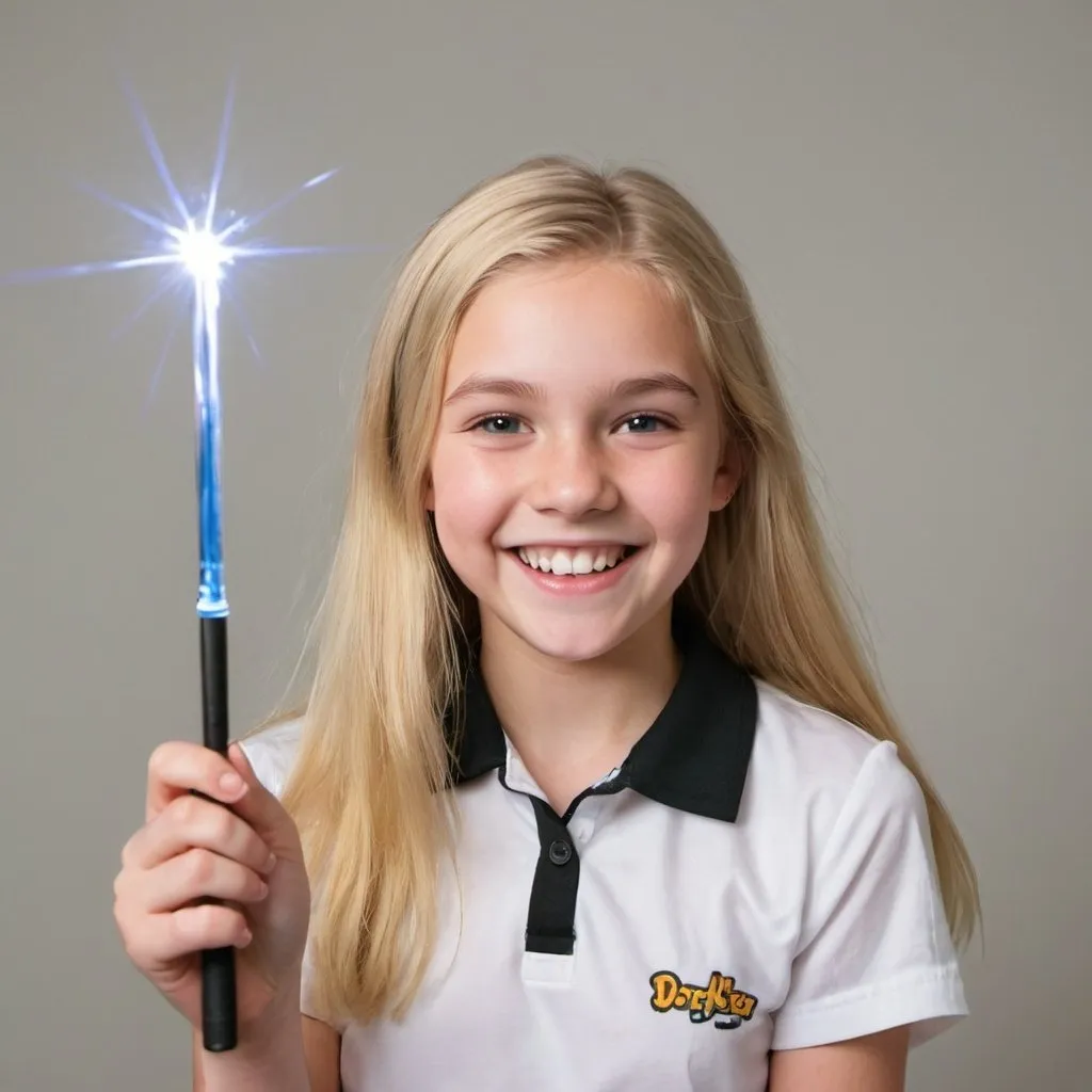 Prompt: Blond 14 year old girl in a collared shirt with a big smile using her magic wand