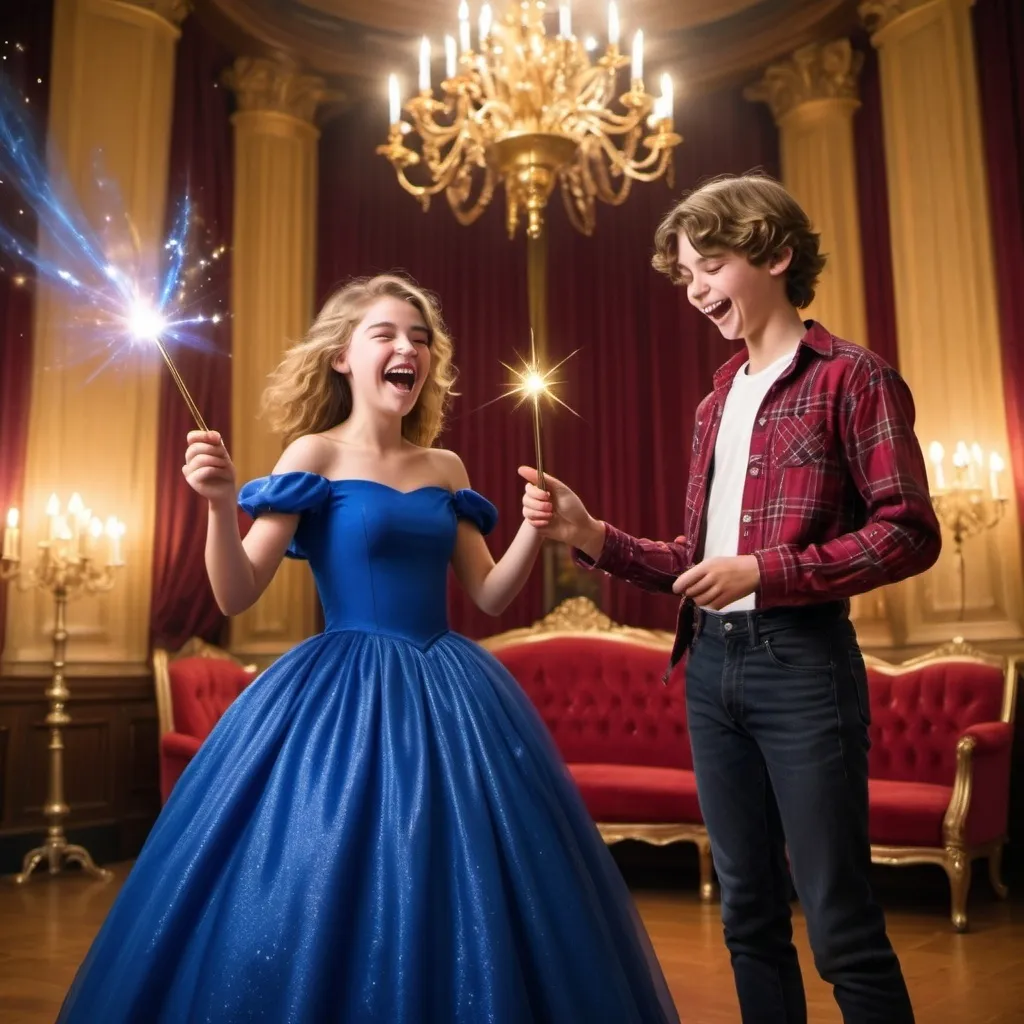 Prompt: Very handsome teenage boy in a red plaid collared shirt in a ball room waves and casts a gold sparkly magical spell with his magic wand while laughing and smiling in a silly evil way. His girlfriend in a very poofy royal blue ball gown also is holding her magic wand but isn’t using it at the moment. She is laughing as well