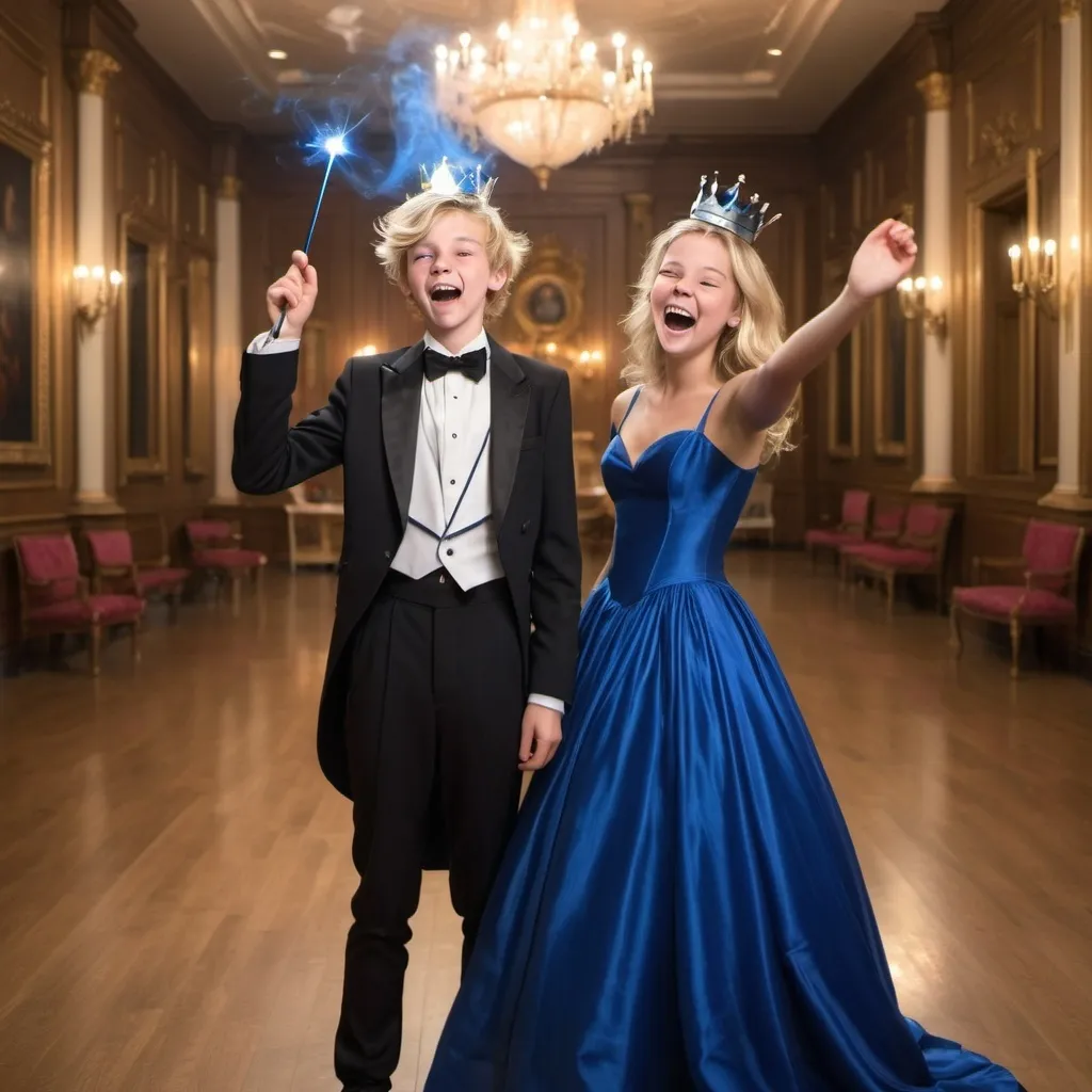 Prompt: Very handsome blond teenage boy in a tuxedo with a crown on his head in a ball room waves and casts a spell with his magic wand while laughing and smiling in a silly evil way. His girlfriend in a poofy royal blue silk ball gown also is holding her magic wand but isn’t using it at the moment. She is laughing as well 