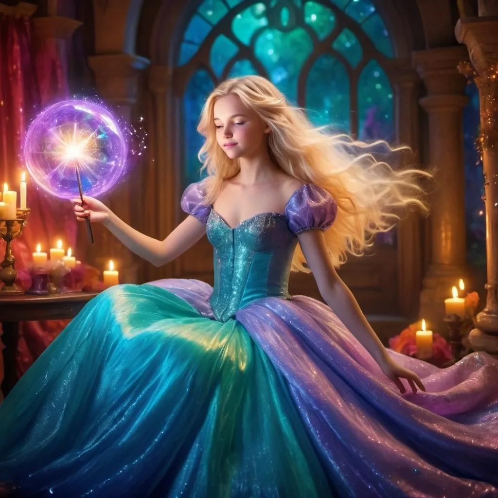 Prompt: Blond teenage girl in a extremely poofy ball gown casting a spell with her magic wand