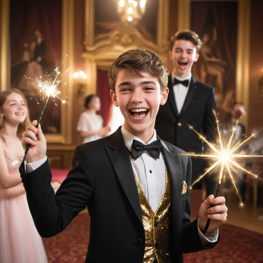 Prompt: Very handsome teenage boy in a tuxedo in a ball room waves and casts a gold sparkly magical spell with his magic wand while laughing and smiling in a silly evil way. His girlfriend is in a collared shirt also and is holding her magic wand but isn’t using it at the moment. She is laughing as well. The couple are next to each other 