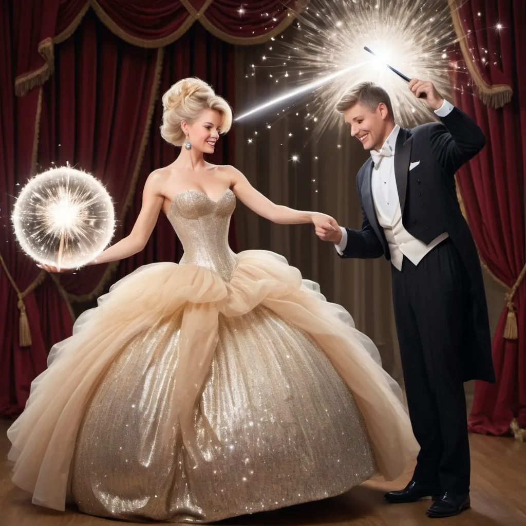 Prompt: Blond woman in an extremely poofy ball gown that is sparkly using her magic wand. Her son in his tuxedo is also using his magic wand