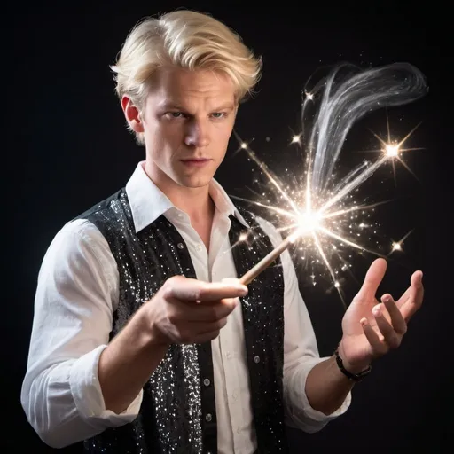 Prompt: Blond man in a collared shirt casting a sparkly spell with his magic wand