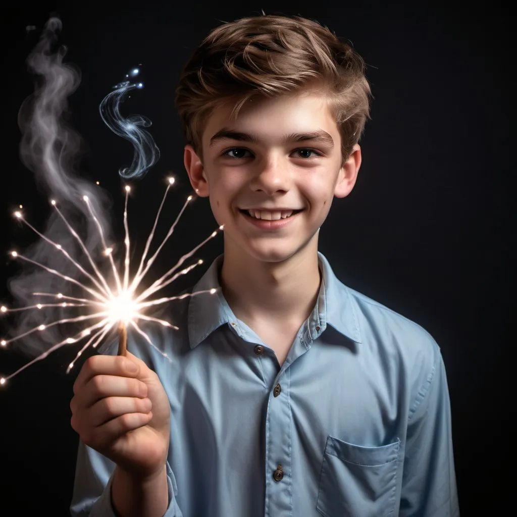 Prompt: 18 year old boy in a collared shirt smiling as he casts a spell with his magic wand