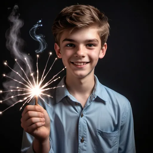 Prompt: 18 year old boy in a collared shirt smiling as he casts a spell with his magic wand