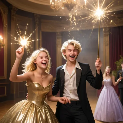 Prompt: Very handsome blond teenage boy in a collared shirt in a ball room waves and casts a gold sparkly magical spell with his magic wand while laughing and smiling in a silly evil way. His girlfriend in a very poofy ball gown also is holding her magic wand but isn’t using it at the moment. She is laughing as well