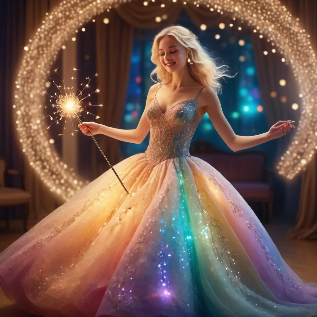 Prompt: Blond woman in a poofy ball gown using her magic wand 