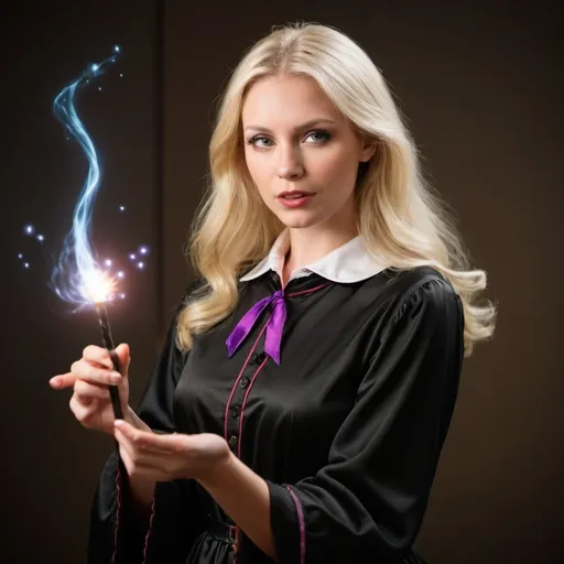 Prompt: Blond woman in a collared useing her magic wand to cast a spell