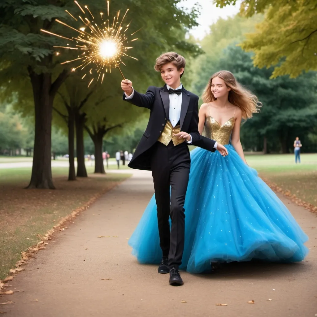 Prompt: 16 year old boy in a tuxedo walking in the park casting a gold sparkly spell with his magic wand and mischievously smiling. His girlfriend in a blue and sparkley and extremely poofy ball gown has a magic wand in her hand but is not using it to cast any magical spells at the moment 