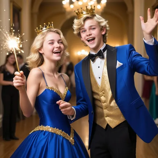 Prompt: Very handsome blond teenage boy in a royal blue silk tuxedo with a crown on his head in a ball room waves and casts a gold sparkly magical spell with his magic wand while laughing and smiling in a silly evil way. His girlfriend in a very poofy royal blue silk ball gown also is holding her magic wand but isn’t using it at the moment. She is laughing as well