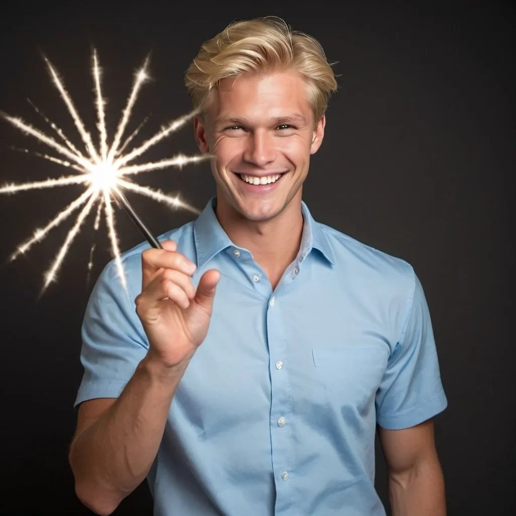 Prompt: Handsome blond man in a collared shirt with a big smile on his face as he holds and waves his magic wand