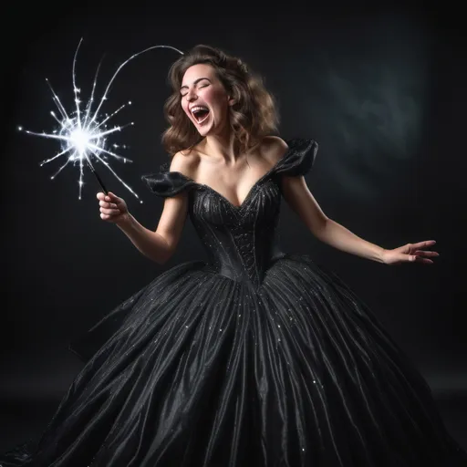 Prompt: evile woman in a black fluffy poofy and slightly sparkely ball gown casting a spell with her magic wand. she is laughuing eviley