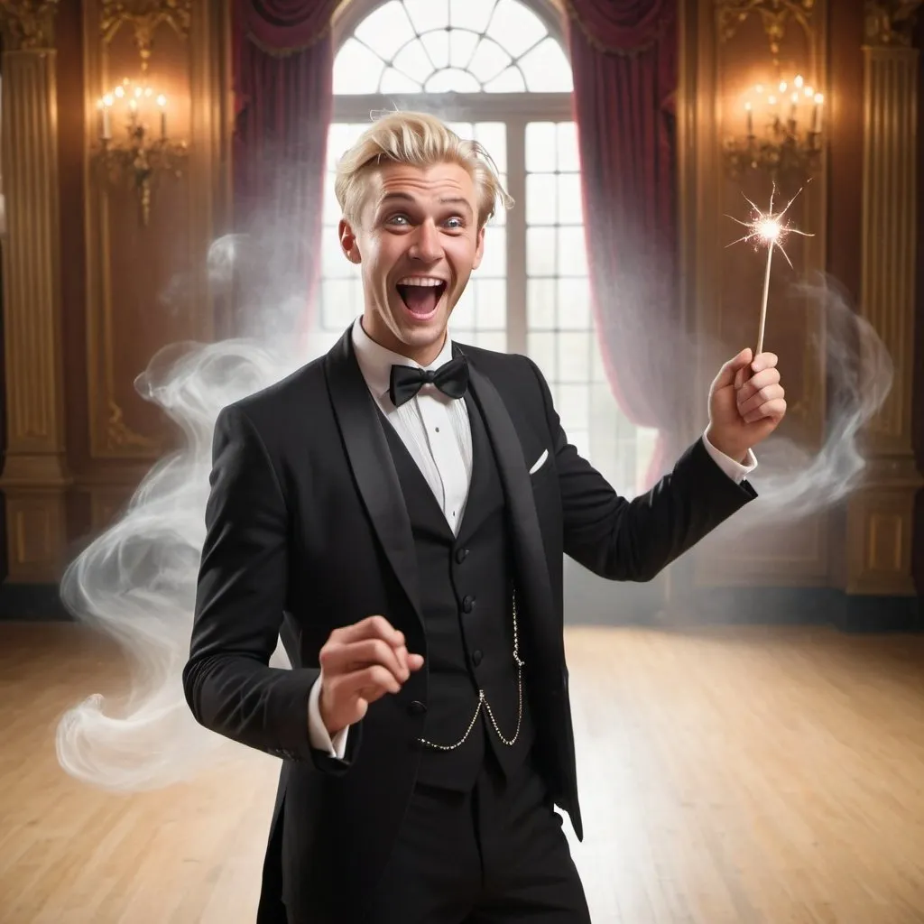 Prompt: Very handsome blond man in a tuxedo in a ball room waves and casts a spell with his magic wand while laughing and smiling in a silly evil way 