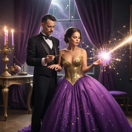 Prompt: Man in a tuxedo casting a spell with his magic wand. His wife is in an extremely poofy and sparkling purple ball gown and is useing her magic wand. The spells are sparkling and gold