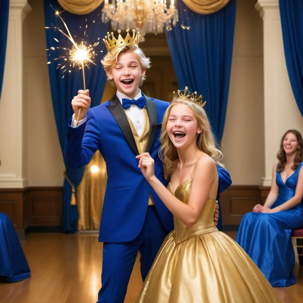 Prompt: Very handsome blond teenage boy in a royal blue silk tuxedo with a crown on his head in a ball room waves and casts a gold sparkly magical spell with his magic wand while laughing and smiling in a silly evil way. His girlfriend in a very poofy royal blue silk ball gown also is holding her magic wand but isn’t using it at the moment. She is laughing as well