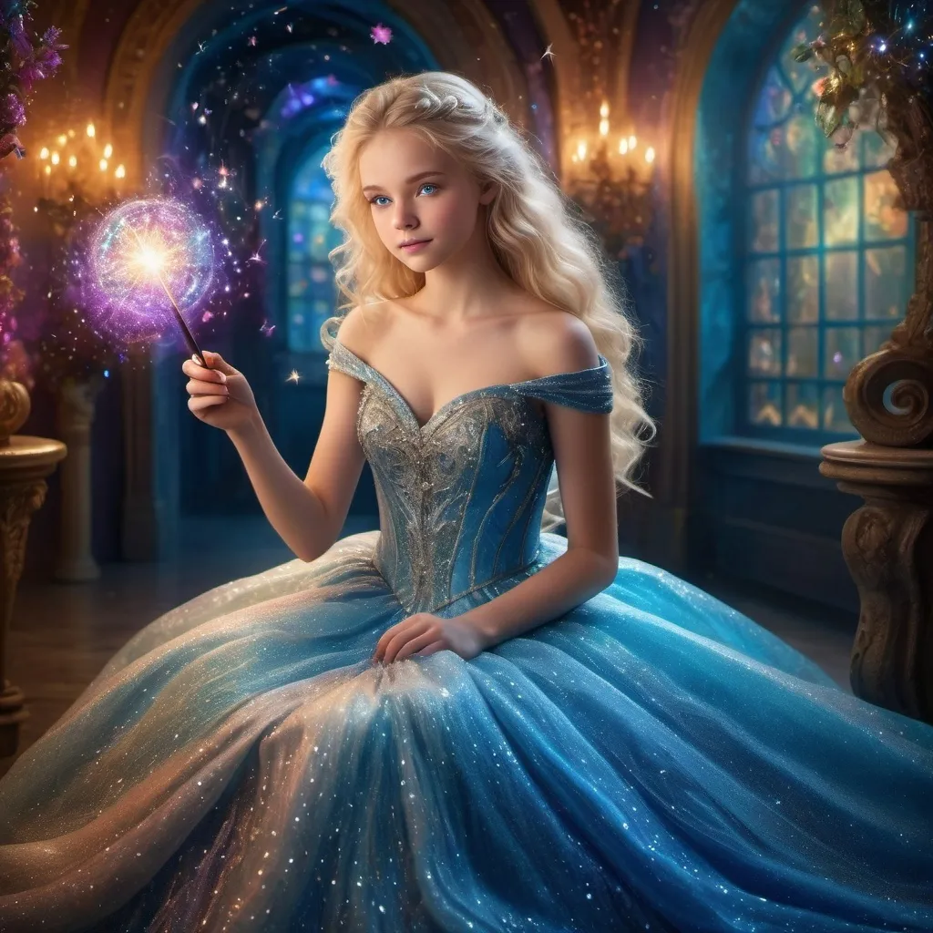 Prompt: Blond 15 year old girl in a extremely poofy ball gown casting a spell with her magic wand