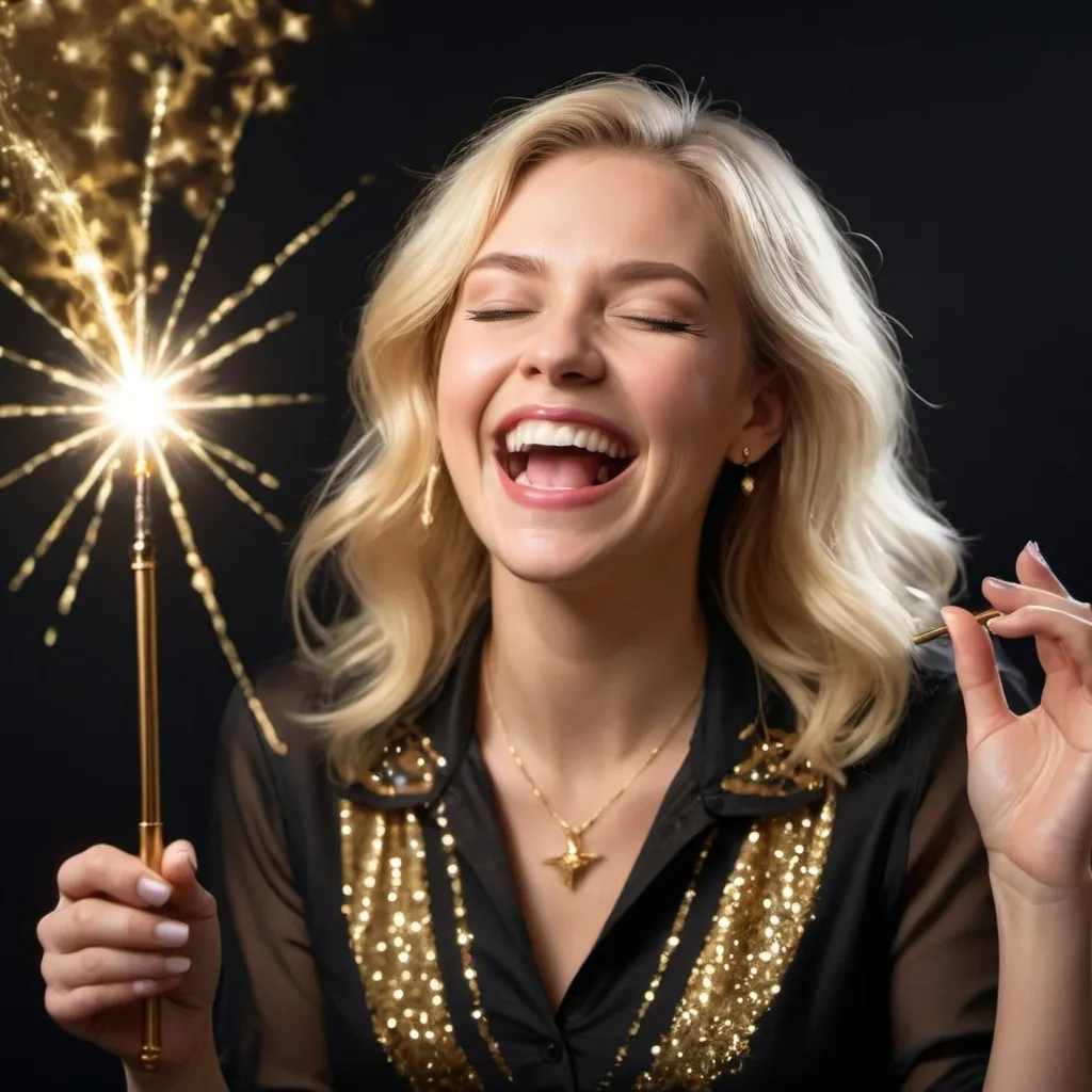 Prompt: Blond woman in a collared useing her magic wand to cast a gold sparkly magic spell. She’s laughing 