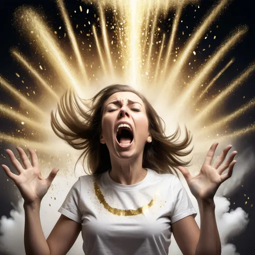 Prompt: Woman in a t shirt screaming as gold sparkly magic spews all around her. She is engulfed in a cloud of it