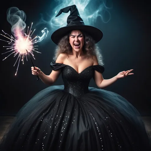 Prompt: evile woman in a black fluffy poofy and slightly sparkely ball gown casting a spell with her magic wand. she is laughuing eviley she has a witch hat on her head