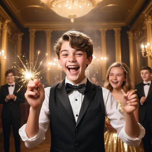 Prompt: Very handsome teenage boy in a tuxedo in a ball room waves and casts a gold sparkly magical spell with his magic wand while laughing and smiling in a silly evil way. His girlfriend in a collared shirt also is holding her magic wand but isn’t using it at the moment. She is laughing as well