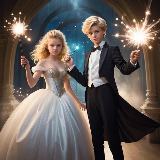 Prompt: Blonde 14 year old girl in a poofy ball gown holding her magic wand and a blond 14 year old boy in a tuxedo holding his magic wand. The boys face lights up as he’s waveing his wand and casting a spell