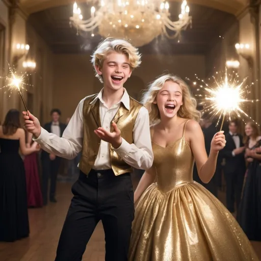 Prompt: Very handsome blond teenage boy in a collared shirt in a ball room waves and casts a gold sparkly magical spell with his magic wand while laughing and smiling in a silly evil way. His girlfriend in a very poofy ball gown also is holding her magic wand but isn’t using it at the moment. She is laughing as well