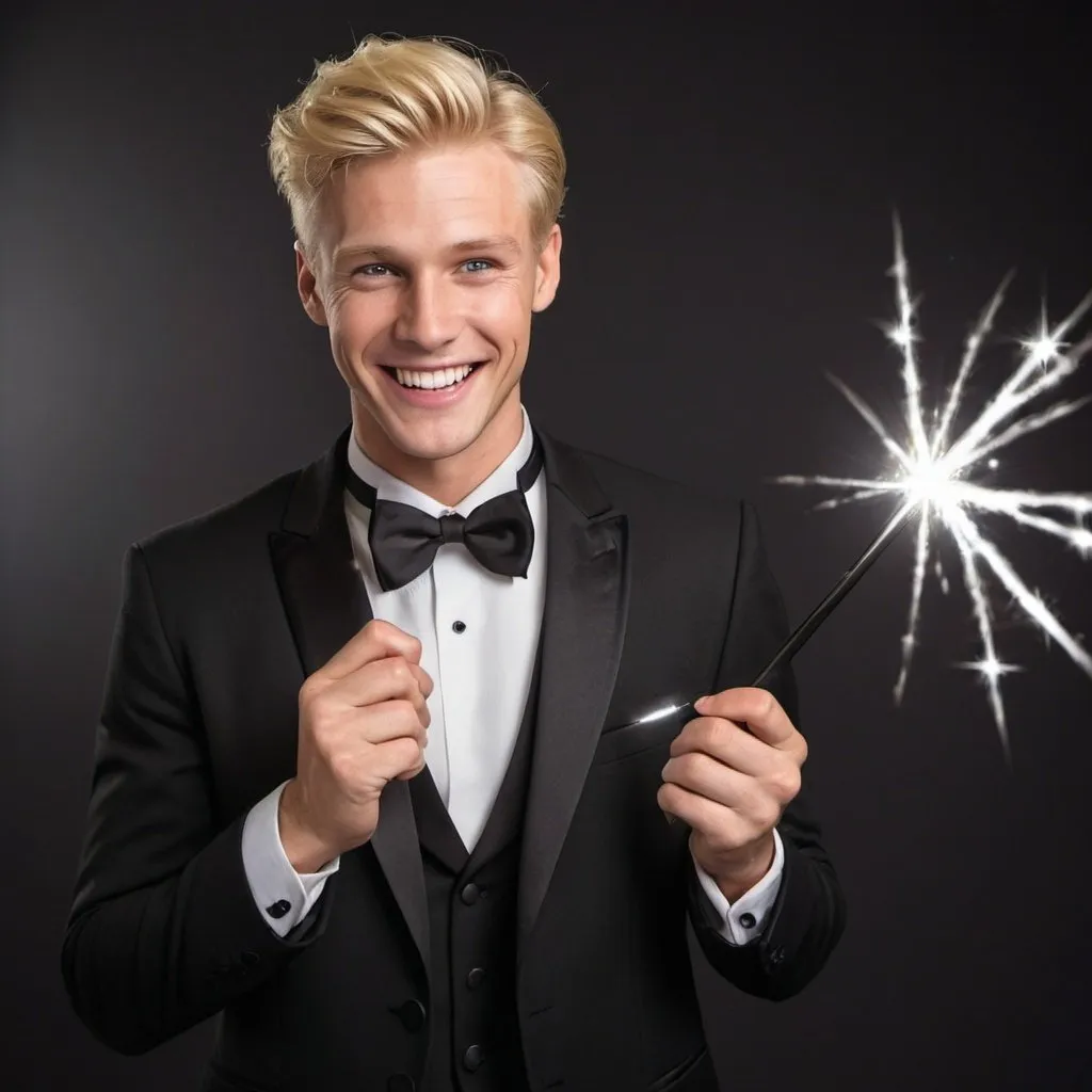 Prompt: Handsome blond man in a tuxedo with a big smile on his face as he holds and waves his magic wand