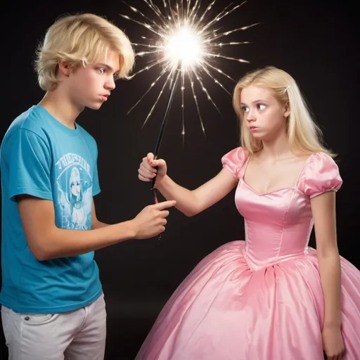 Prompt: teenage boy in a t shirt being threatend by a blond teenage girl in a poofy ball gown. She threatenes him with her magic wand 