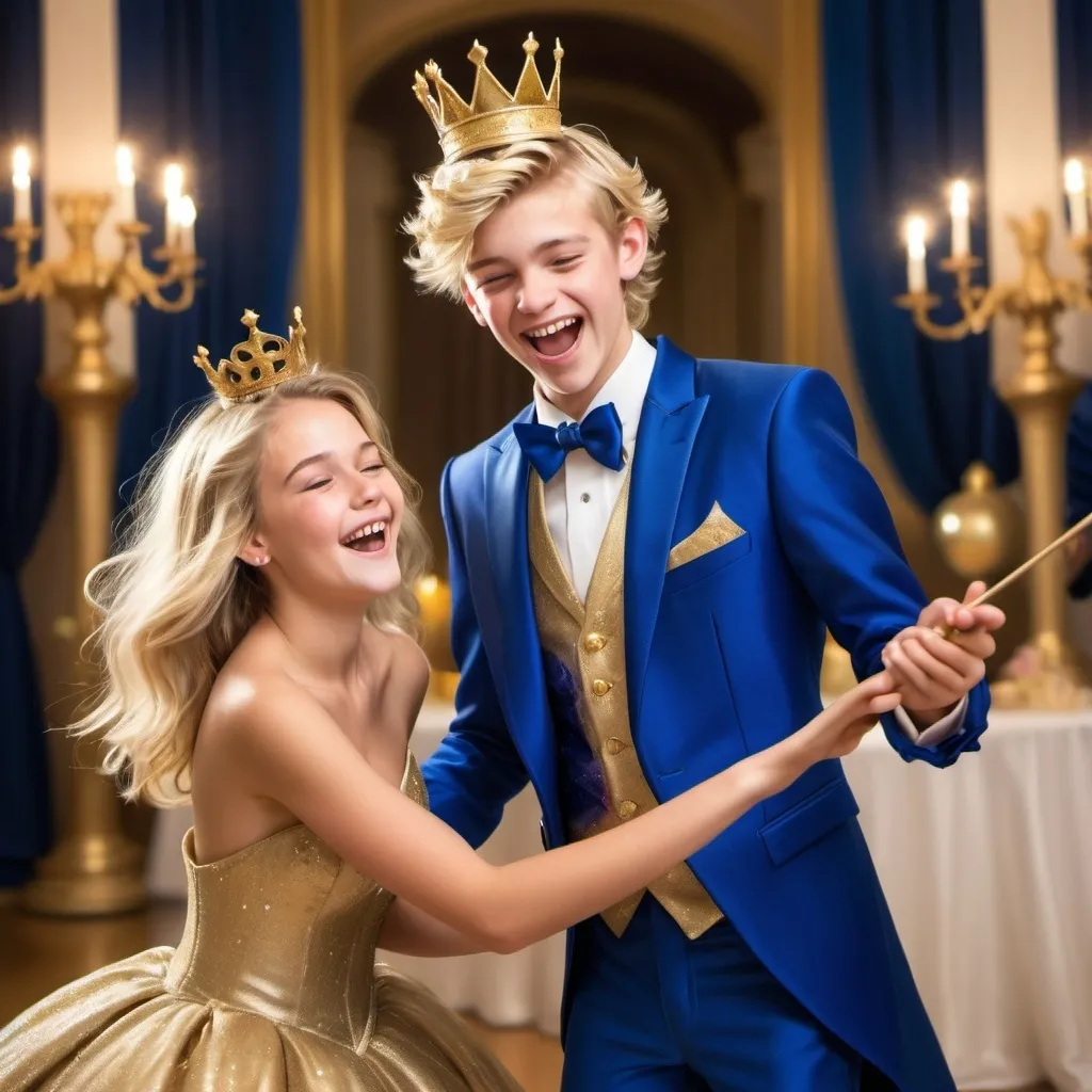 Prompt: Very handsome blond teenage boy in a royal blue silk tuxedo with a crown on his head in a ball room waves and casts a gold sparkly magical spell with his magic wand while laughing and smiling in a silly evil way. His girlfriend in a very poofy royal blue silk ball gown also is holding her magic wand but isn’t using it at the moment. She is laughing as well