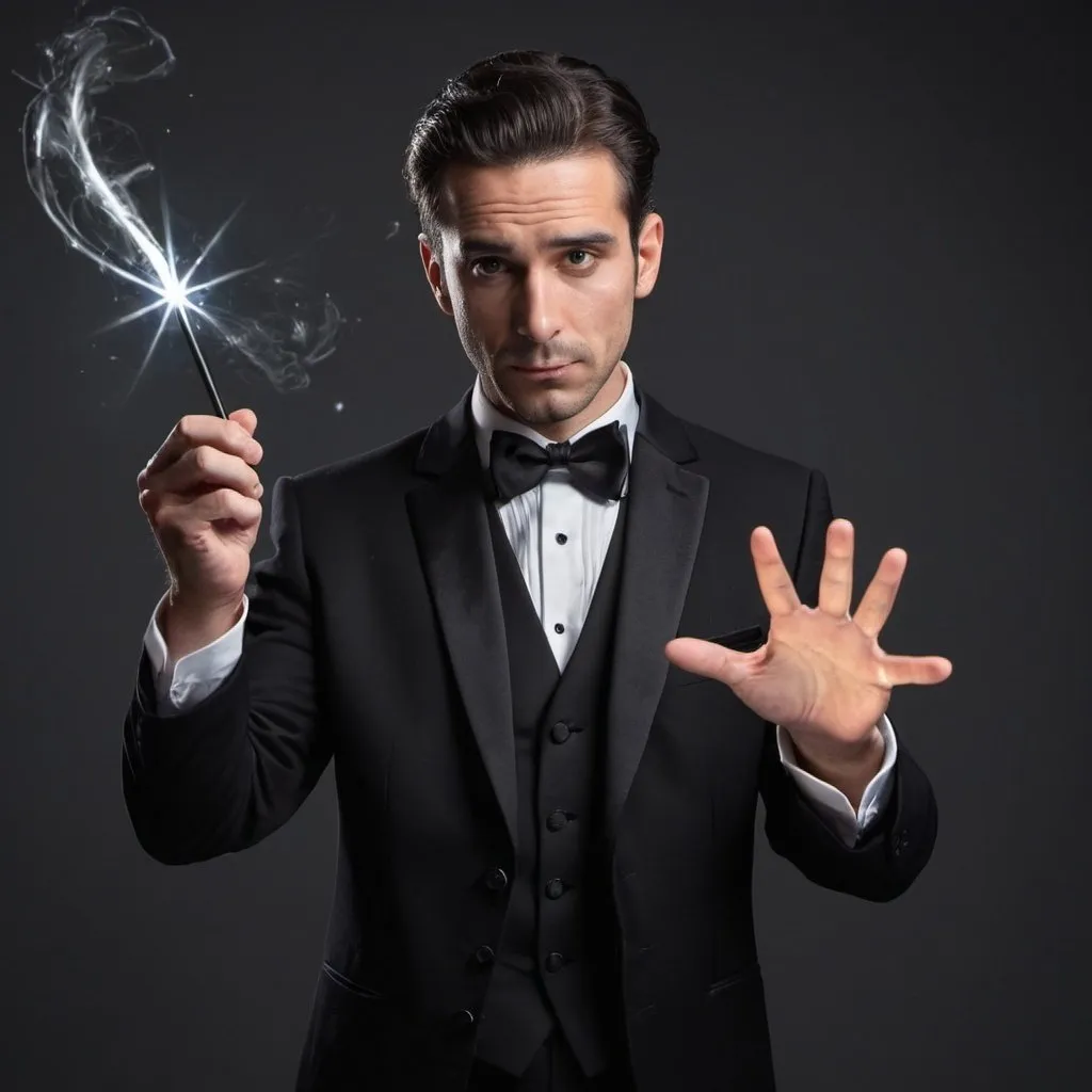 Prompt: Man in a tuxedo casting a spell with his magic wand