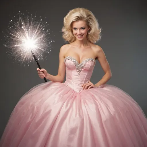 Prompt: Blond woman in a poofy ball gown using her magic wand 