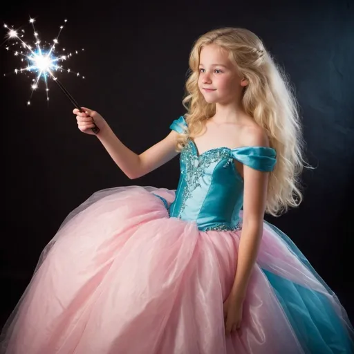 Prompt: Blond 14 year old girl in a very poofy ball gown holding her magic wand and waving it to cast a spell