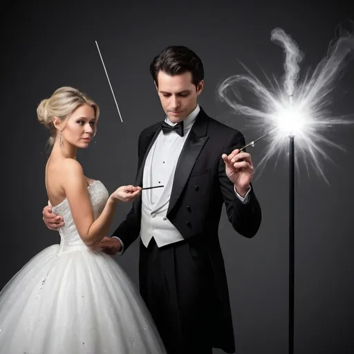 Prompt: Man in a tuxedo casting a spell with his magic wand. His wife is in a extremely poofy ball gown and is useing her magic wand