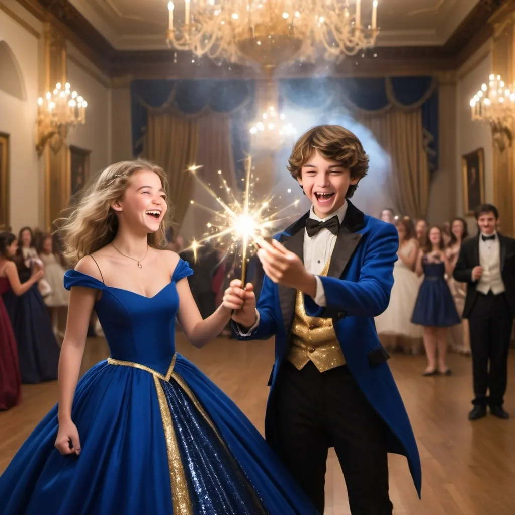 Prompt: Very handsome teenage boy in a collared shirt in a ball room waves and casts a gold sparkly magical spell with his magic wand while laughing and smiling in a silly evil way. His girlfriend in a very poofy royal blue ball gown also is holding her magic wand but isn’t using it at the moment. She is laughing as well