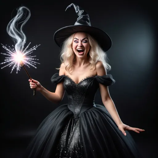 Prompt: evile woman in a black fluffy poofy and slightly sparkely ball gown casting a spell with her magic wand. she is laughuing eviley she has a witch hat on her head