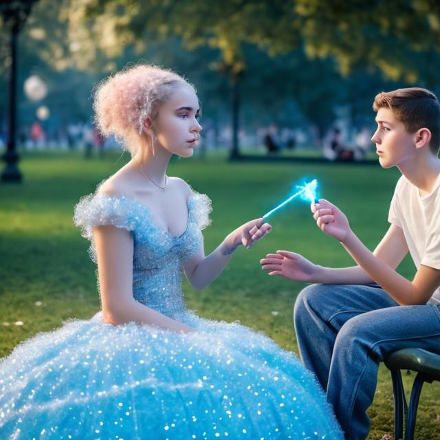 Prompt: Woman in a big puffy sparkly blue ball gown holding her magic wand talking to a 14 year old boy in a white T shirt in the park