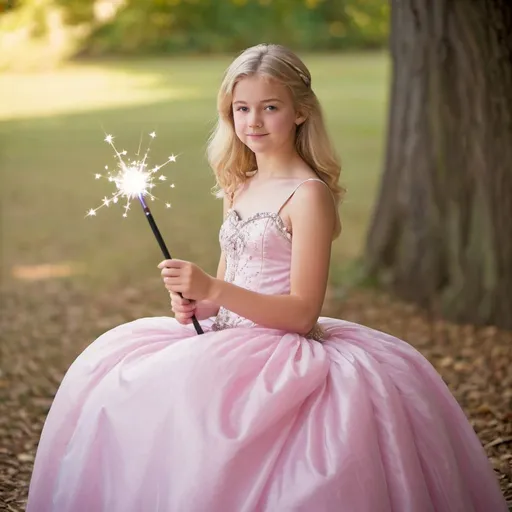 Prompt: Blond 14 year old girl in a poofy ball gown with her magic wand in her hand