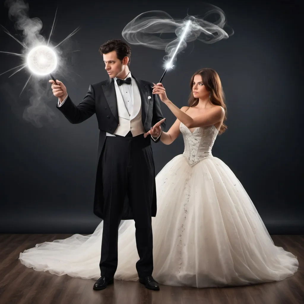 Prompt: Man in a tuxedo casting a spell with his magic wand. His wife is in a extremely poofy ball gown and is useing her magic wand