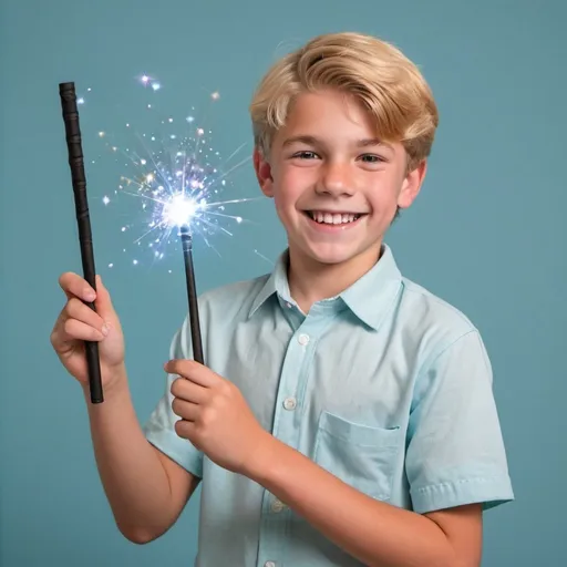Prompt: Blond 14 year old boy in a collared shirt with a big smile using his magic wand
