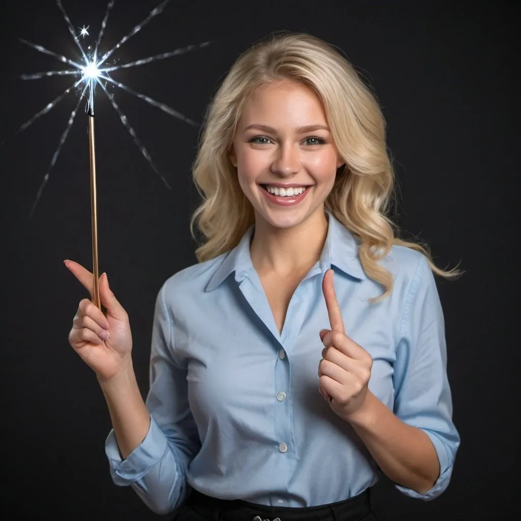 Prompt: Beautiful blond woman in a collared shirt with a big smile on her face as she holds and waves her magic wand