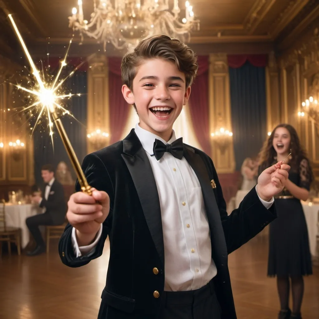 Prompt: Very handsome teenage boy in a tuxedo in a ball room waves and casts a gold sparkly magical spell with his magic wand while laughing and smiling in a silly evil way. His girlfriend in a collared shirt also is holding her magic wand but isn’t using it at the moment. She is laughing as well